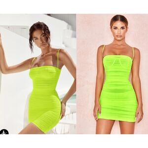 House of CB Mini Dress Women’s XS Ella Ruched Organza Mesh Neon Green Club Party